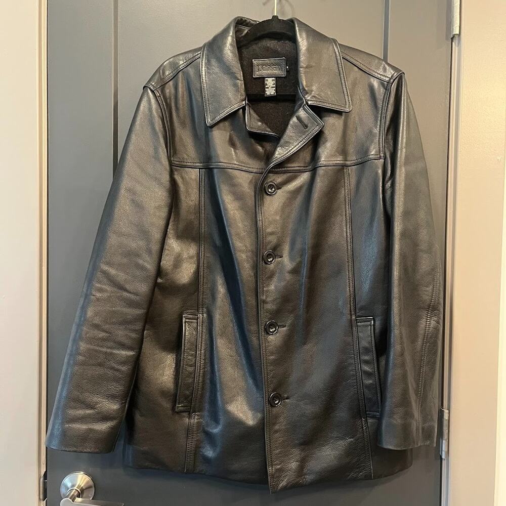 J. Crew Black Leather Button Up Jacket Men's M Wool Blend Body